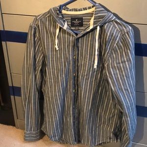 Hooded denim-like striped button down shirt